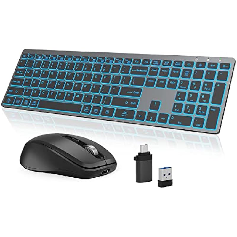 Earto K637 Wireless Keyboard and Mouse, 7 Color Backlit, Jiggler Mouse with 4 Level DPI, Type-C Rechargeable, 2.4G Keyboard Mouse with One USB Nano Receiver, for Windows/Mac OS/Laptop/PC, Dark Grey