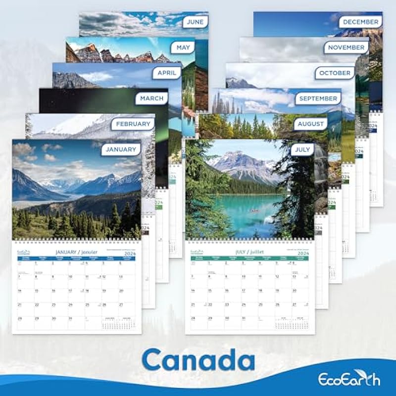 Canadian 18-Month Wall Calendar, 100% Biodegradable 11×17 Inch (Open), Canadian Holidays in English & French, Jul 2023 – Dec 2024 Canada Parks Monthly Calendar, by EcoEarth