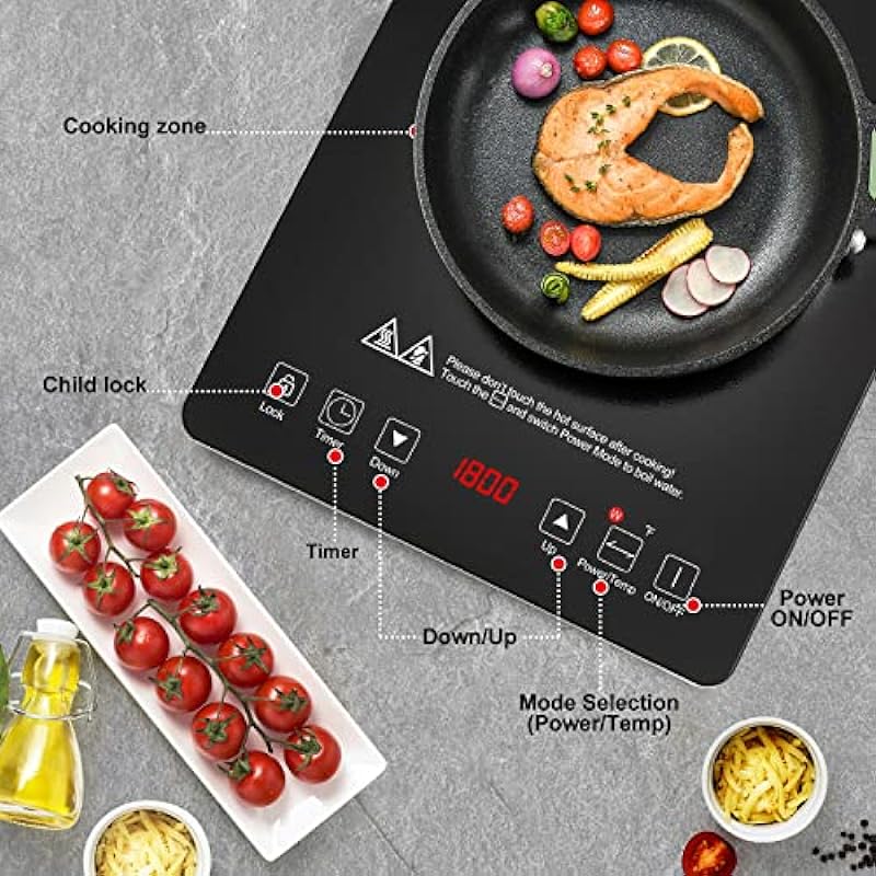 Portable Induction Cooktop AMZCHEF 1800W Induction Stove Burner With Ultra Thin Body, Low Noise Hot Plate With Sensor Touch Single Electric Cooktops Countertop Stove With 8 Temperature & Power Levels