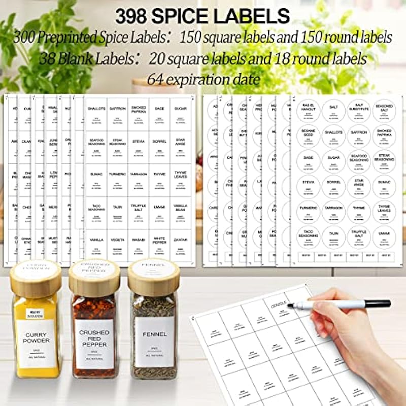 AISIPRIN 24 Pcs Glass Spice Jars with Bamboo Airtight Lids and 398 Labels, 4oz Empty Square Containers Seasoning Storage Bottles – Shaker Lids, Funnel, Brush and Marker Included