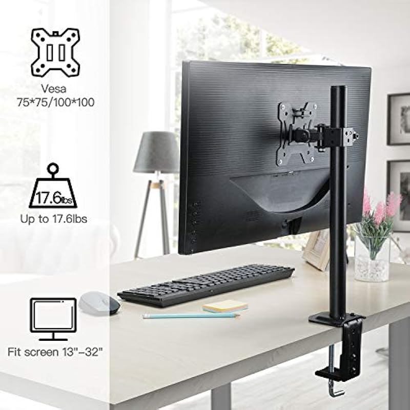 HUANUO Single Monitor Mount, LCD Computer Monitor Stand for13 inch to 32 inch Screen, Adjustable Height, Tilt, Swivel, Rotation, Weight up to 17.6lbs