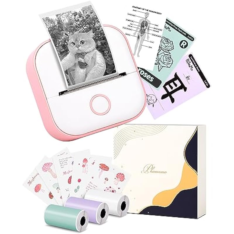 Mini Sticker Printer – Memoking T02 Small Thermal Printer for Phone, Portable Wireless Note Printer with 3 Rolls Paper for Children’s Day Birthday, Compatible with iOS & Android, Pink