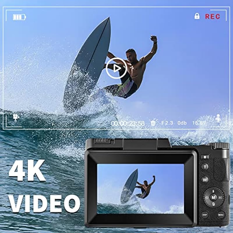 4K Digital Camera for Photography, Autofocus 48MP Vlogging YouTube with 16X Zoom Macro Camera, 3’’180 Degree Flip Screen Compact Video Liftable Flash, SD Card&2 Batteries