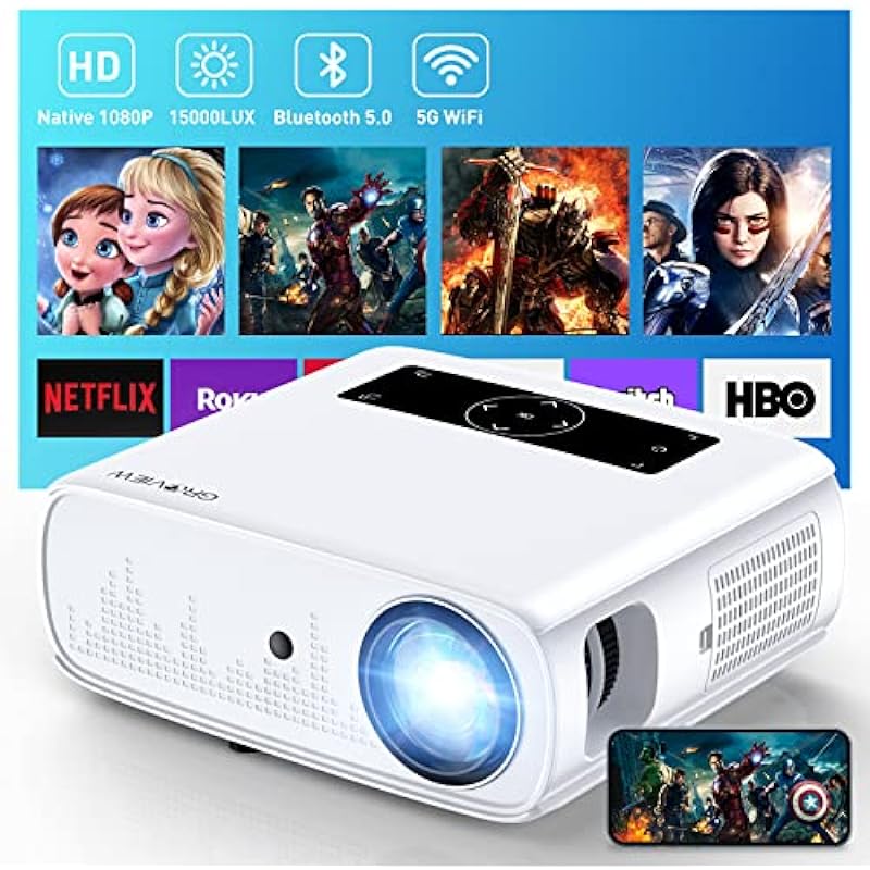 GROVIEW Projector, 15000lux 490ANSI Native 1080P WiFi Bluetooth Projector, 300” Video Projector, Supports 4K & Zoom, 5G Sync, Compatible with HDMI USB/AV/Smartphone/Pad/Laptop/DVD/TV Stick/ PS5