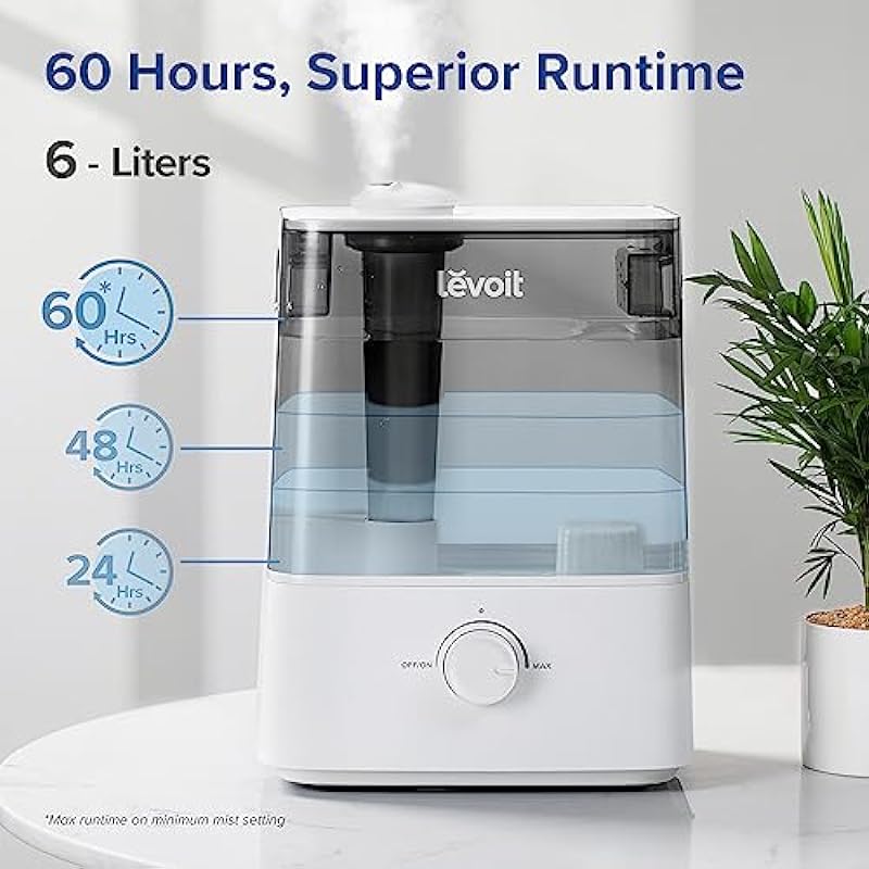 LEVOIT Humidifier for Bedroom Large Room, 6L Top Fill Cool Mist Humidifiers Plants, Baby, Lasts Up to 60h, Easy Use and Clean, Quiet Operation, Automatic Shut-Off, Grey (Classic 300)