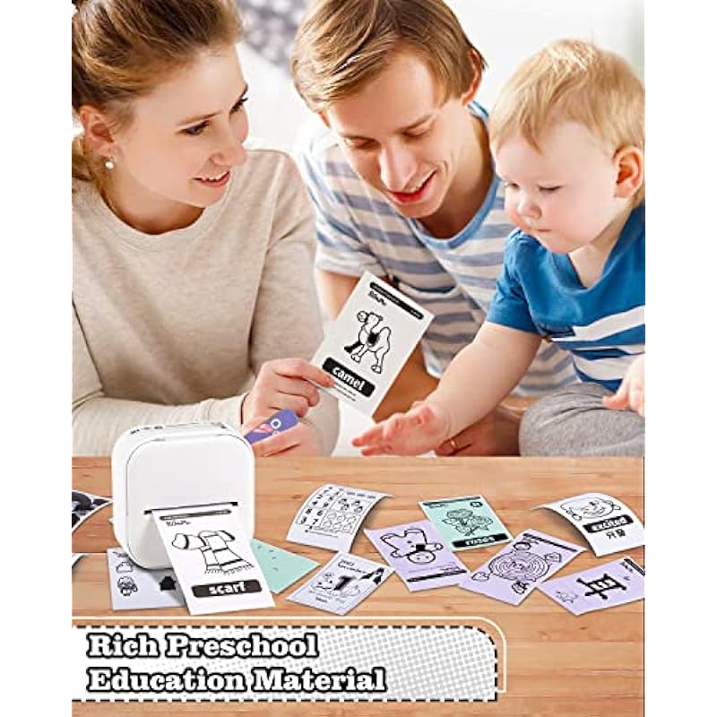 Mini Portable Sticker Printer – Memoking T02 Pocket Printer with 3 Rolls Paper, Bluetooth Photo Picture Printer for Children Birthday, Compatible with Phone & Tablet, White