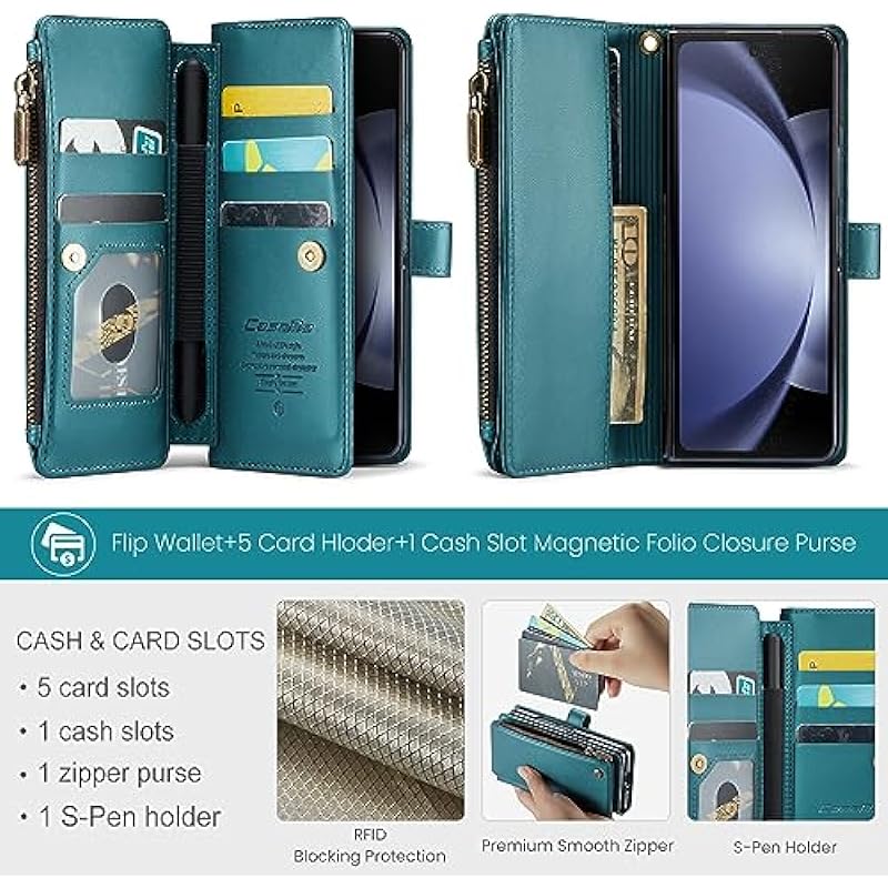 CaseMe Samsung Galaxy Z Fold 5 Case with S Pen Holder, Z Fold 5 Wallet Case with Card Holder for Wmen Men, RFID Blocking Kickstand Zipper Shockproof Flip Phone Case for Galaxy Fold 5, Bluish Green