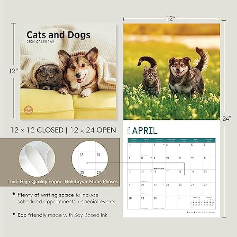 2024 Cats and Dogs Monthly Wall Calendar by Bright Day, 12 x 12 Inch