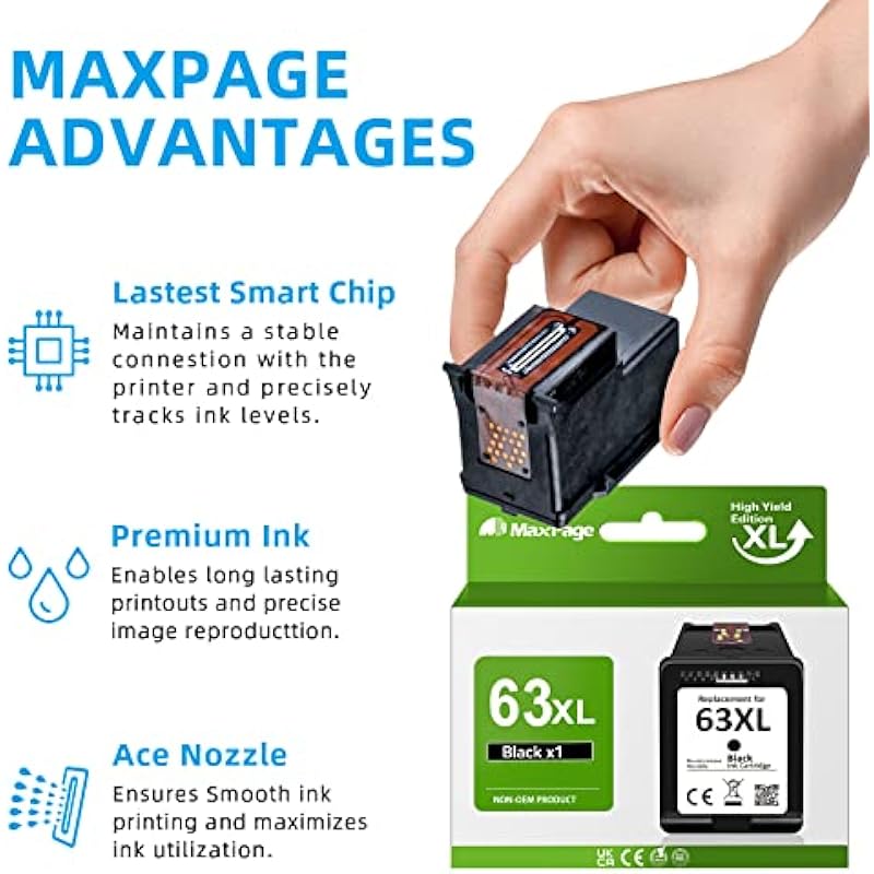 MaxPage 63XL Black High-Yield Ink Cartridge Compatible for HP 63XL Works for OfficeJet 4650 5255 3830 4655 5200 4652 5252 Envy 4520 4510 4512 3634 DeskJet 3636 1112 3630 2130 3632 2132 3637 Printer