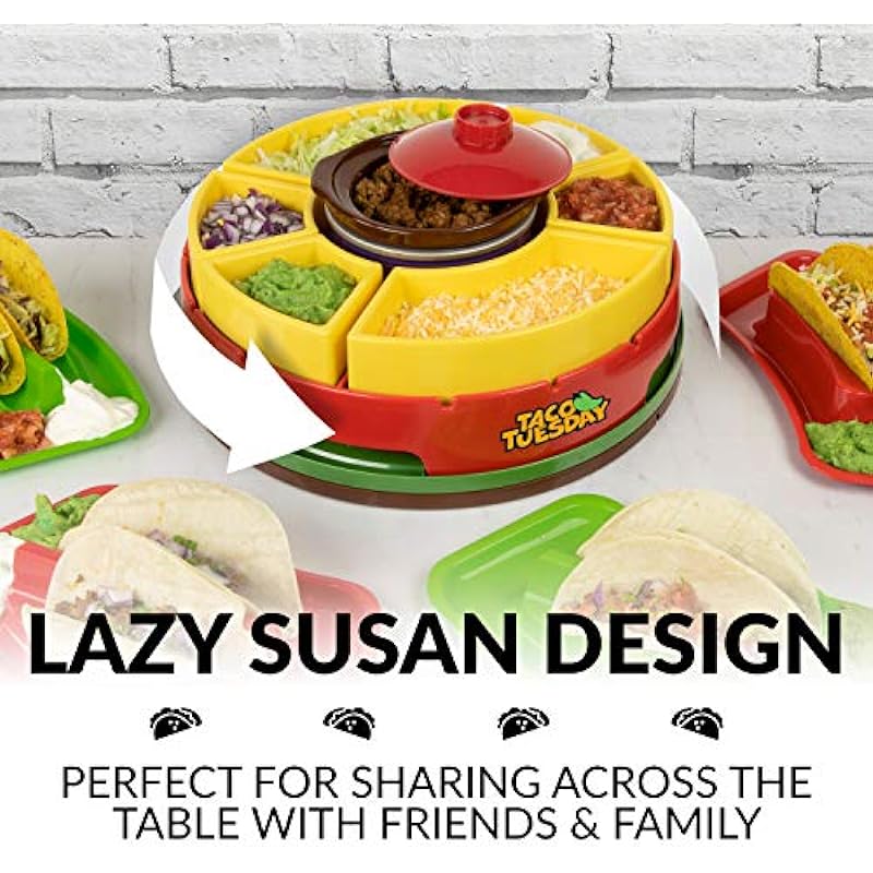 Nostalgia Taco Tuesday Heated Lazy Susan Topping Bar Perfect for Burritos, Nachos, Fajitas, 20-Oz. Warming Pot, Includes 4 Tortilla Holders, Red