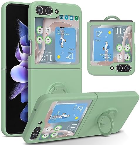 UEEBAI Case for Samsung Galaxy Z Flip 5 5G, Slim Silicone Phone Case with Rotatable Ring Holder Kickstand Pretty Case for Women and Girl Magnetic Car Mount Shockproof TPU Bumper Cover – Green