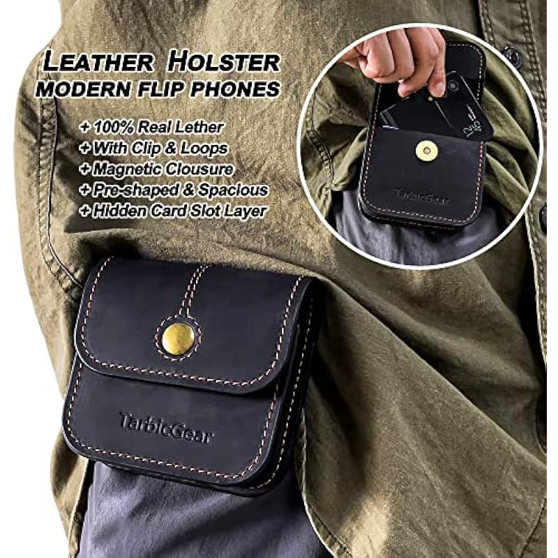 TarbicGear Leather Phone Holster with Belt & Clip for Samsung Galaxy z Flip Series/Magnetic Closure Phones Pouch for z Flip 4 / z Flip 3 / Motorola RAZR Series Black