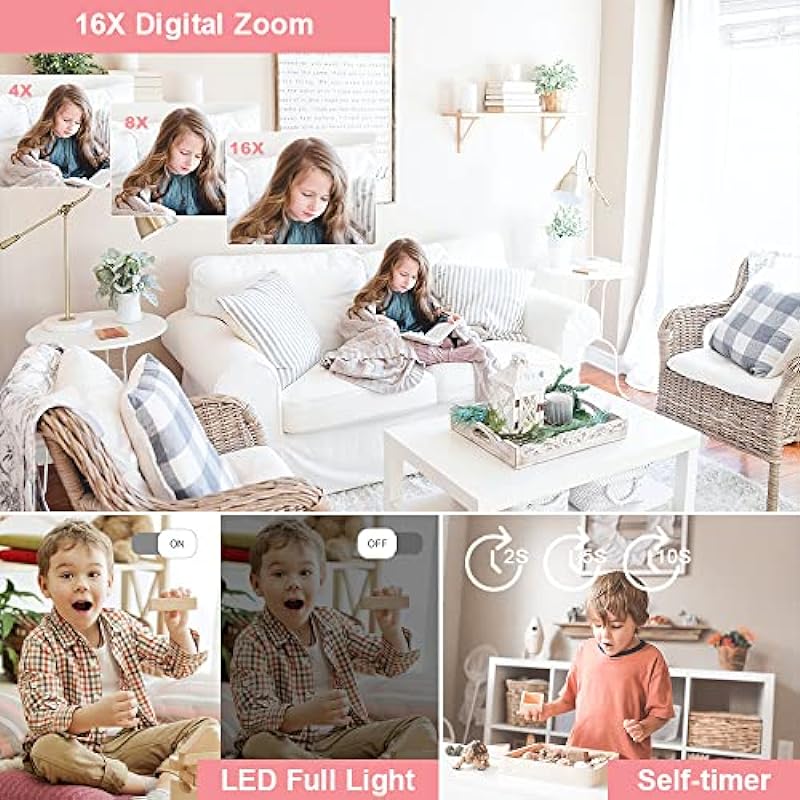 Digital Camera 4K 50MP with 32GB SD Card 2.88″ IPS LCD Screen Auto Focus 16x Digital 9 Special Shooting Modes Zoom Beginner Portable Mini Camera 0.23LB Gifts for Teens (Pink, Batteries X1)