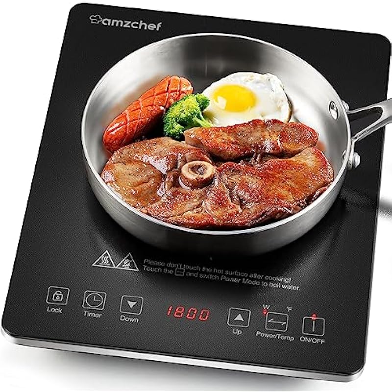 Portable Induction Cooktop AMZCHEF 1800W Induction Stove Burner With Ultra Thin Body, Low Noise Hot Plate With Sensor Touch Single Electric Cooktops Countertop Stove With 8 Temperature & Power Levels