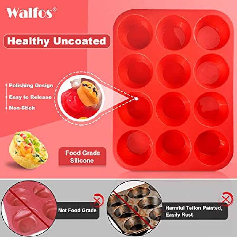 Walfos Silicone Muffin Pan – 12 Cups Regular Cupcake Pan, Non-Stick and BPA Free, Silicone Muffin Tin for Muffin Cakes, Cupcake, Fat Bombs – 2 Pack