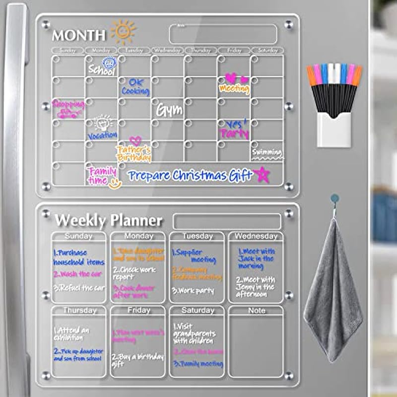 Vignee Magnetic Acrylic Calendar for Fridge,(17″x12″Inches) 2 Pcs Clear Dry Erase Board of Monthly & Weekly Calendar for Refrigerator Reusable Planner Board,Includes 8 Dry Erase Markers with 4 Colors