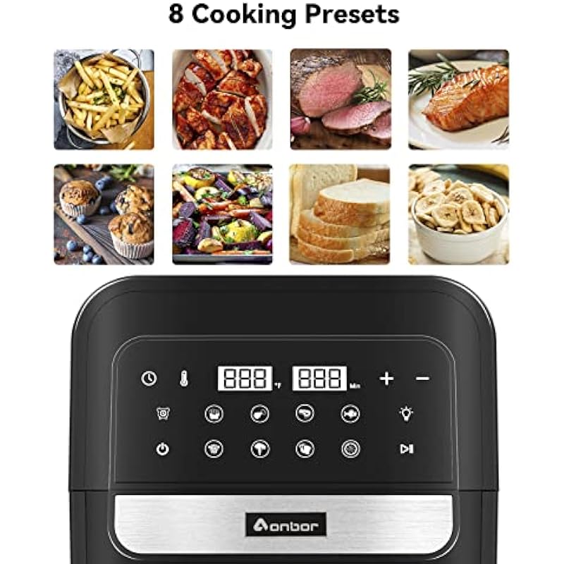 Air Fryer 6.4QT 1400W 8-in-1 Electric Air Fryer Oven Roast Toaster Oven and Dehydrator with 8 Touch Screen Presets Rapid Hot Air Technology 1400W Fast Family-Style Healthy Cooking Low Oil Low Fat