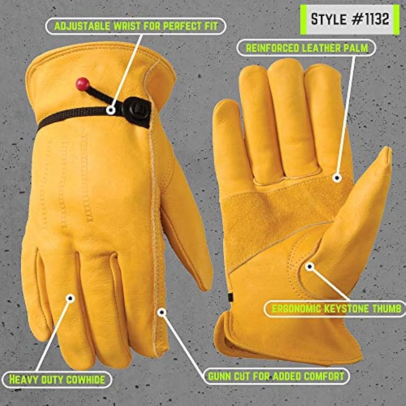 WELLS LAMONT Full Leather Work Gloves with Ball and Tape Wrist Closure, Grain Cowhide, Medium (1132M), Saddletan