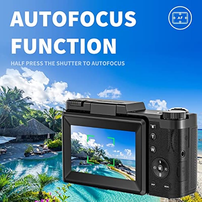 4K Digital Camera for Photography, Autofocus 48MP Vlogging YouTube with 16X Zoom Macro Camera, 3’’180 Degree Flip Screen Compact Video Liftable Flash, SD Card&2 Batteries