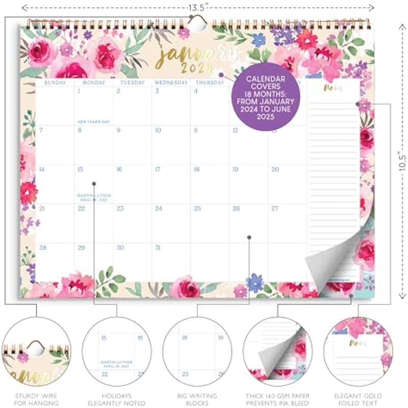 S&O Watercolor Floral Wall Calendar from January 2024-June 2025 – Tear-Off Monthly Calendar – 18 Month Academic Wall Calendar – Hanging Calendar to Track for Anniversaries & Appointments – 13.5″x10.5”in