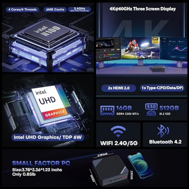 BOSGAME B100 Mini PC, Intel 12th Gen Alder Lake- N100(up to 3.4GHz) Desktop PC, 16GB DDR4 RAM 512GB SSD, Mini Computers Support 4K Triple Display/USB3.2/WiFi 5/BT4.2/Gigabit Ethernet