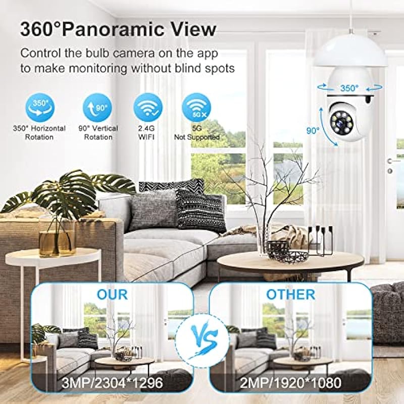 2PCS Light Bulb Security Camera Wireless Outdoor/Indoor, 3MP/2.4G WiFi Surveillance Camera, 360°Pan-Tilt Bulb Camera with Human Motion Detection&Alert/Two-Way Audio/Full Color Night Vision/Remote View