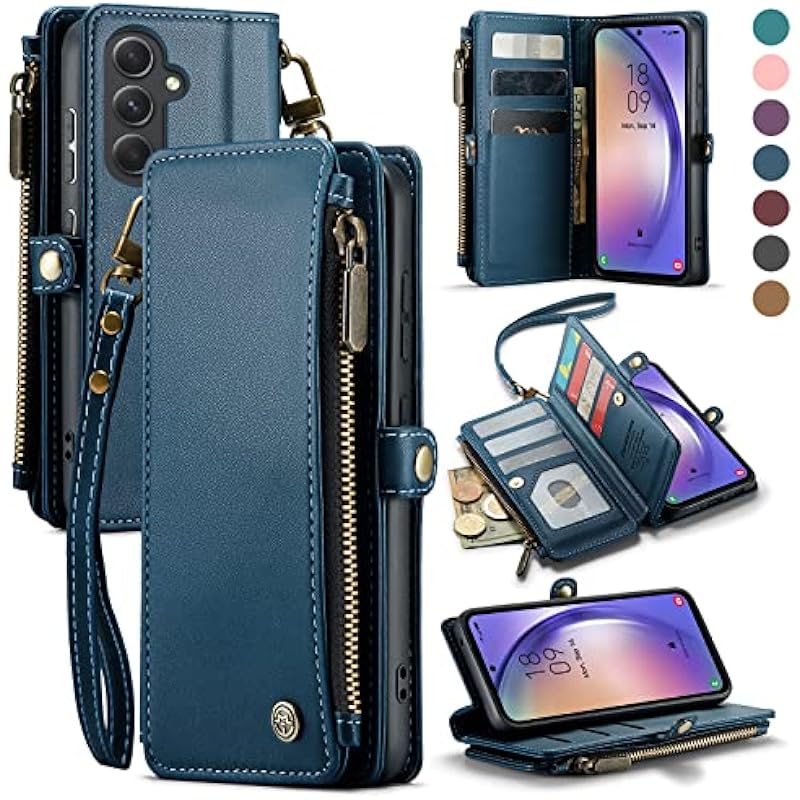 Defencase for Galaxy A54 5G Case, RFID Blocking Samsung A54 5G Case Wallet for Women Men, Durable PU Leather Magnetic Flip Strap Zipper Card Holder Wallet Phone Case for Samsung Galaxy A54 5G, Blue