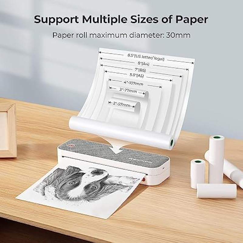 MUNBYN Portable Printer ITP01, Bluetooth Thermal Printer for Travel, Support 8.5×11 US Letter & A4 Paper, Compatible with Android and iOS Phone & Laptop, Inkless Printer for Mobile Office(Grey)