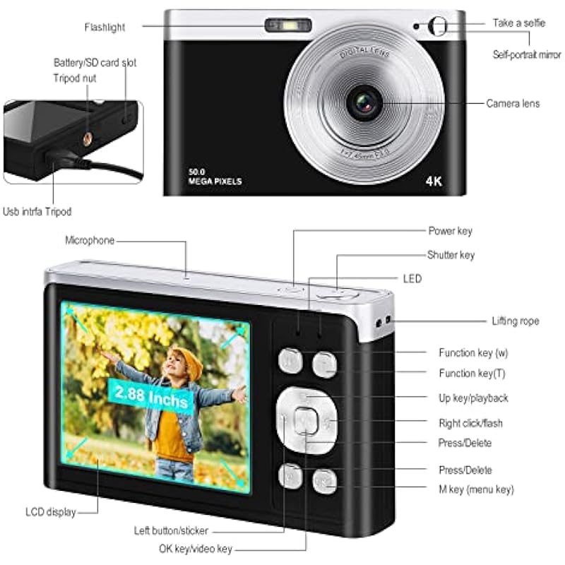 Birosnsy Digital Camera 4K 50MP with 32GB SD Card 2.88″ IPS LCD Screen Auto Focus 16xDigital 9 Shooting Modes Zoom Entry Beginner 0.23LB HD Portable Mini Camera(Black, Batteries X2, Charging Head X1)