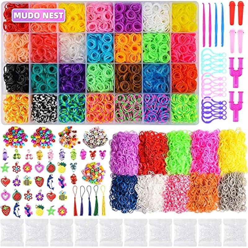 MUDO NEST 20000+ Loom Bracelet Kit, 38 Colors Rubber Bands Bracelet Making Kit, Elastic Bracelet Kit with 500 Clips, 250 Beads, 40 Charms all-in an Organizer Case Great Diy Gift for Kids Girls Boys