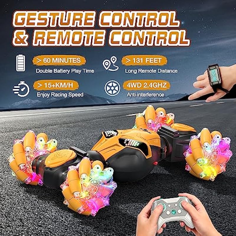 Gesture Sensing RC Stunt Car with Lights & Music for Kids 6-12 Years Old 4WD 2.4GHz Hand Controlled Remote Control Car Double Sided 360° Rotation Off-Road Vehicle Toy Car Gifts for Boys Girls(Yellow)