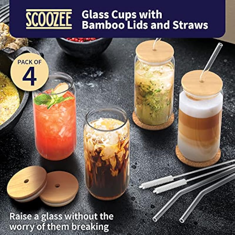 Scoozee Glass Cups with Bamboo Lids, Glass Straws and Coasters (Set of 4, 16 oz) – Iced Coffee Cup with Lid and Straw – Drinking Glasses with Wooden Lid – Cute Aesthetic Cup Housewarming Gift
