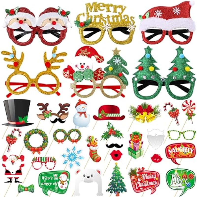 Dokeawo 35PCS Christmas Glasses Frame Christmas Photo Booth Props for Christmas Party Favors for Kids & Adults Party Supplies