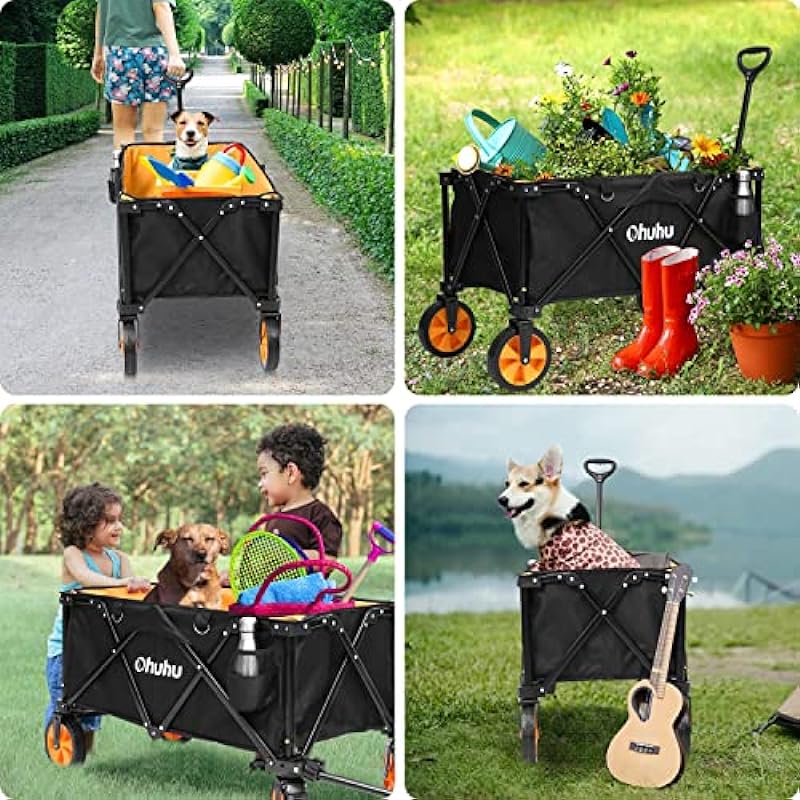 Ohuhu Collapsible Folding Wagon Cart: Extra Reinforced Foldable Wagons with 220 LB Capacity Heavy Duty Utility Grocery Shopping Carts with Removable Wheels & 2 Drink Holders, Gift for Christmas