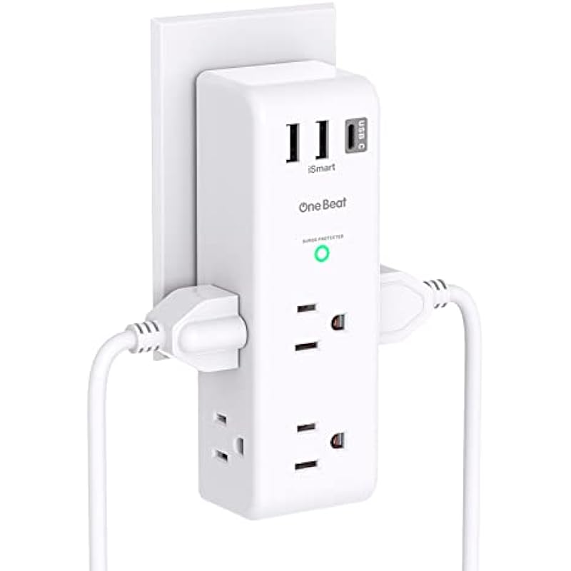 Surge Protector Outlet Extender – with Rotating Plug, 6 AC Multi Plug Outlet with 3 USB Ports (1 USB C), 1800 Joules, 3-Sided Swivel Power Strip with Spaced Outlet Splitter for Home, Office, Travel