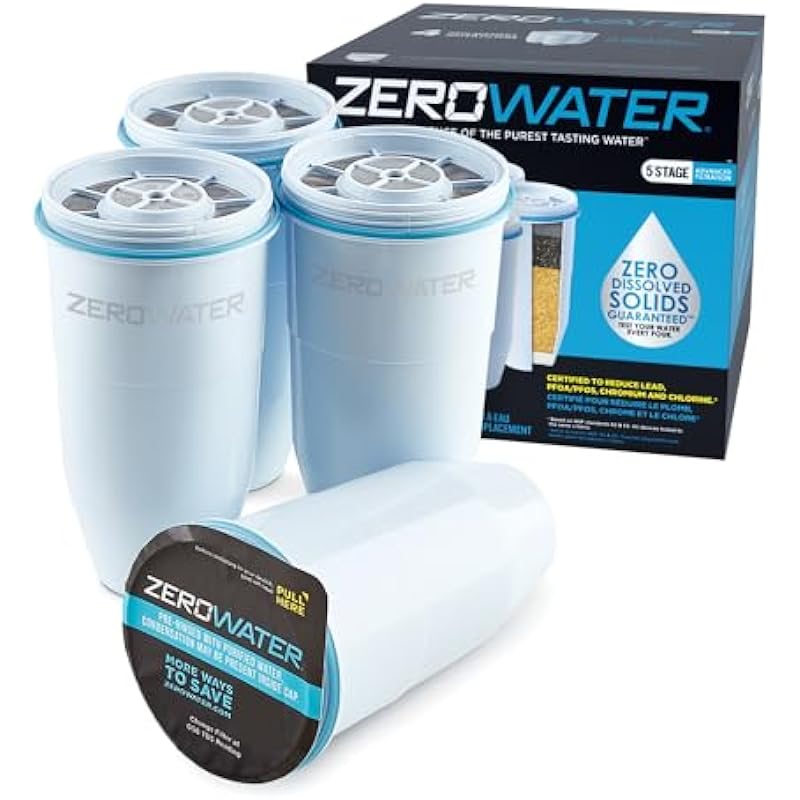ZeroWater Official Replacement Filter – 5-Stage Filter Replacement 0 TDS for Improved Tap Water Taste, Chromium, and PFOA/PFOS, White, 4 Count (Pack of 1) Package May Vary