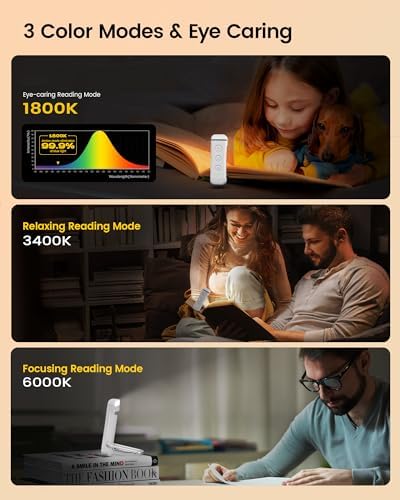Glocusent Book Light for Reading in Bed, Portable Clip-on LED Reading Light, 3 Amber Colors & 5 Brightness Dimmable, USB Rechargeable, Portable & Long Lasting, Perfect for Book Worms, Kids
