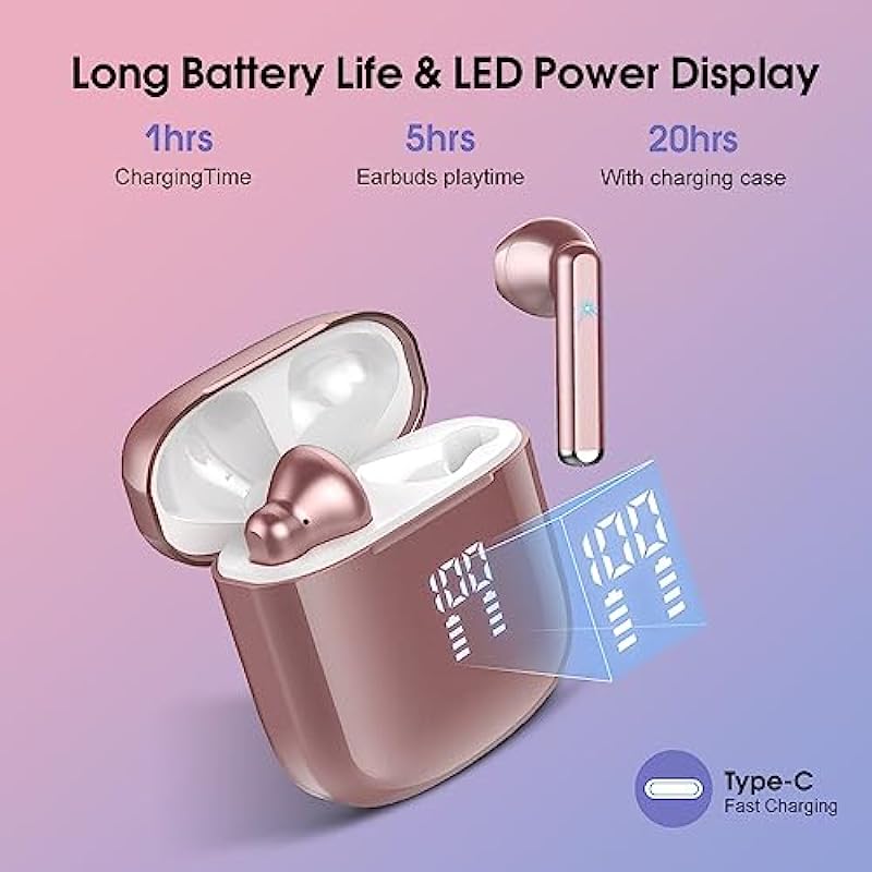 Wireless Earbuds, Mini Bluetooth 5.3 Headphones HiFi Stereo, Wireless Earphones with ENC Noise Cancelling Mic, Touch Control, Type-C Charging, IPX7 Waterproof in Ear Wireless Headphones Rose Gold