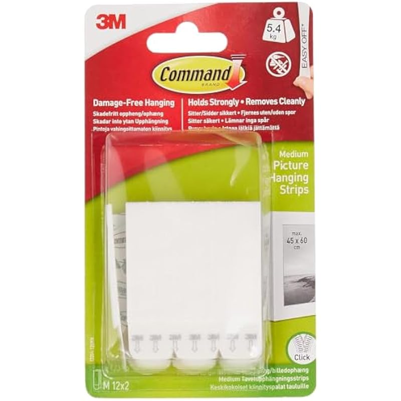Command Medium Picture Hanging Strips, Damage Free Hanging Picture Hangers, No Tools Wall Hanging Strips for Back to School Dorm Organization, 12 White Adhesive Strip Pairs(24 Command Strips)