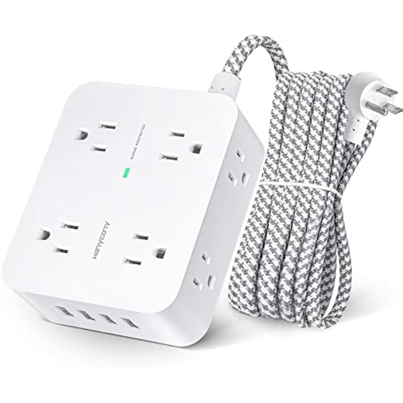Surge Protector Power Bar – 8 Widely Outlets with 4 USB Charging Ports, 3 Side Power Strip with 5Ft Braided Extension Cord, Flat Plug, Wall Mount, Desk USB Charging Station for Home Office