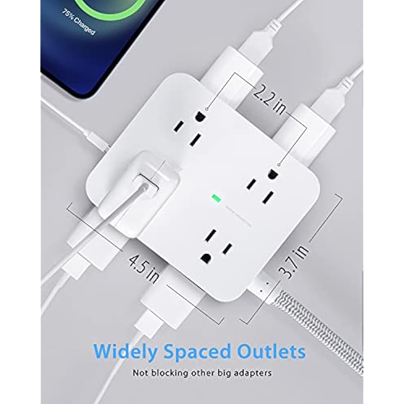 Surge Protector Power Bar – 8 Widely Outlets with 4 USB Charging Ports, 3 Side Power Strip with 5Ft Braided Extension Cord, Flat Plug, Wall Mount, Desk USB Charging Station for Home Office