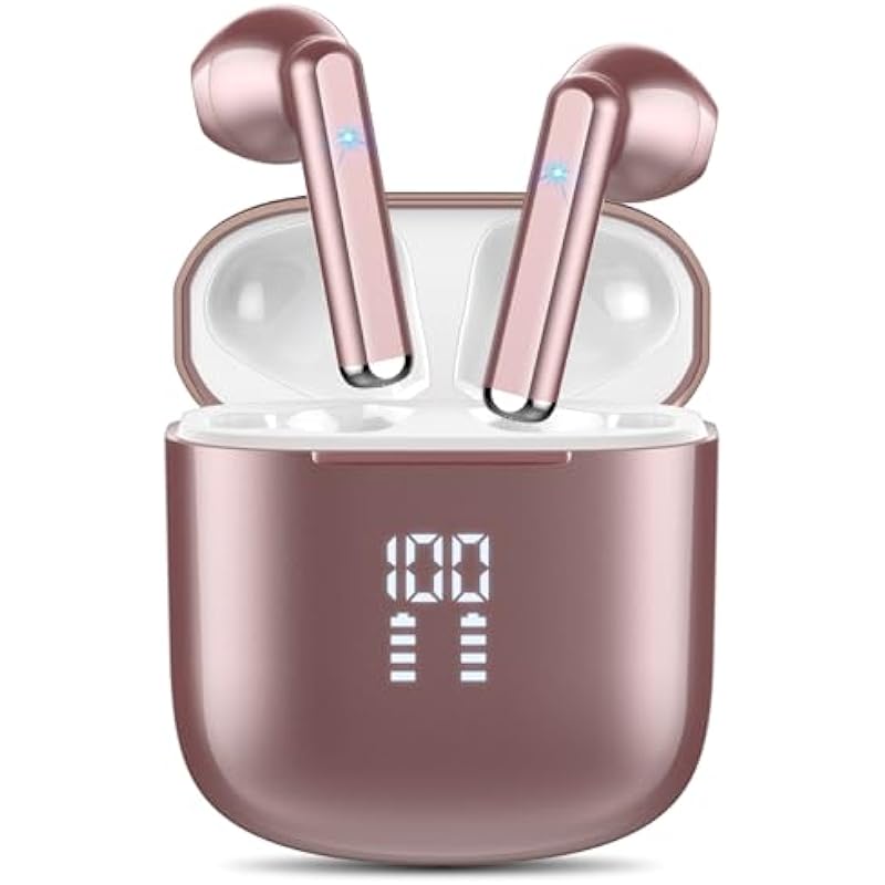 Wireless Earbuds, Mini Bluetooth 5.3 Headphones HiFi Stereo, Wireless Earphones with ENC Noise Cancelling Mic, Touch Control, Type-C Charging, IPX7 Waterproof in Ear Wireless Headphones Rose Gold