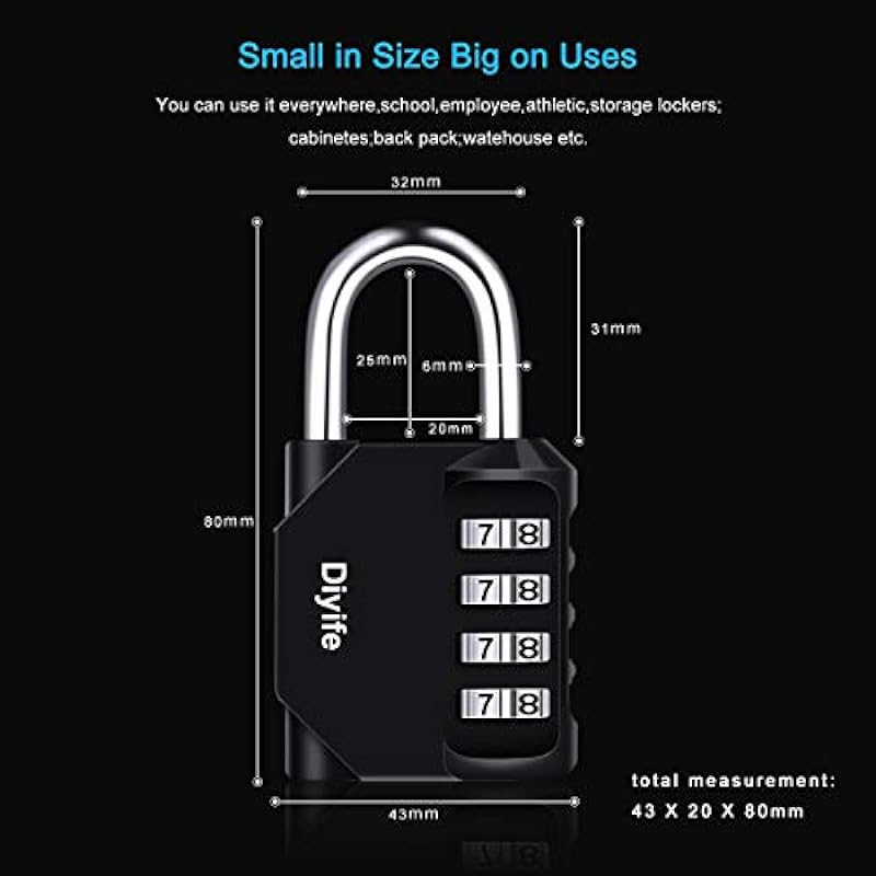 Combination Padlock, Diyife 4 Digit Locker Lock Weatherproof Lock Outdoor Combination Lock for School Gym Locker,Toolbox, Fence, Hasp, Cabinet(Black)
