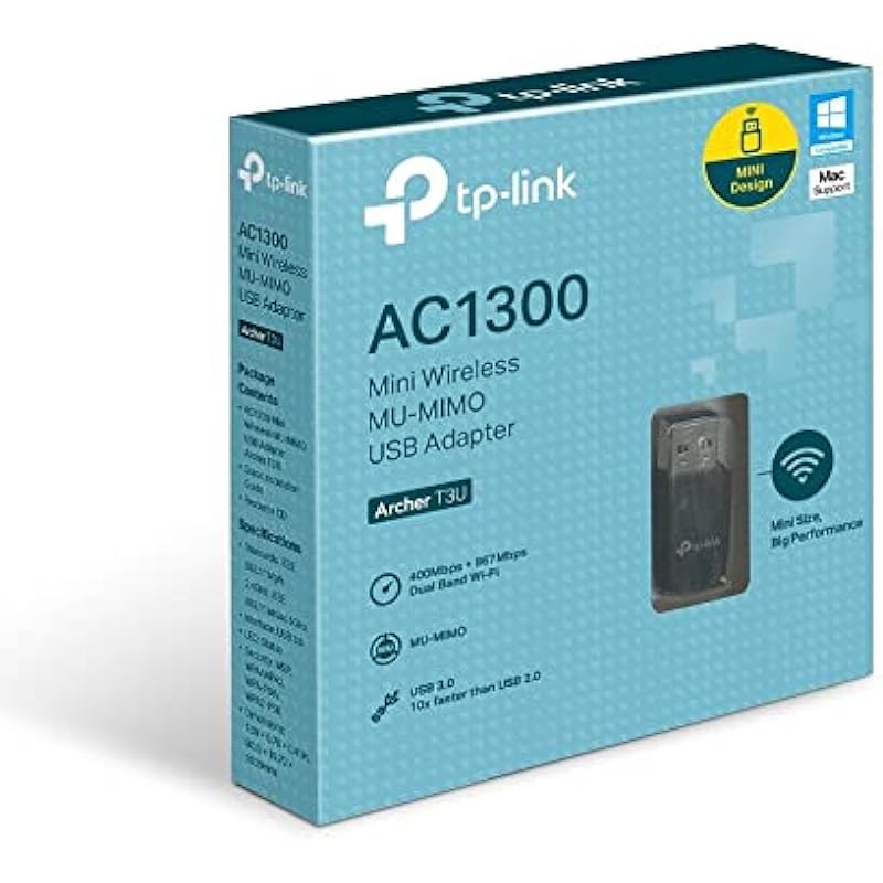 TP-Link AC1300 USB WiFi Adapter (Archer T3U) – 2.4G/5G Dual Band Wireless Network Adapter for PC Desktop, MU-MIMO WiFi Dongle, USB 3.0, Supports Windows 11/10/8.1/8/7/XP, Mac OS 10.9-10.14