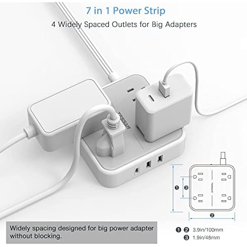 Flat Plug Power Bar with USB C, TESSAN Ultra-Thin Extension Cord Indoor with 4 Multi Plug Outlet Extenders 3 USB Ports (1 Type C), 5 Feet Slim Desk Power Strip for Cruise Ship Dorm Room Essentials