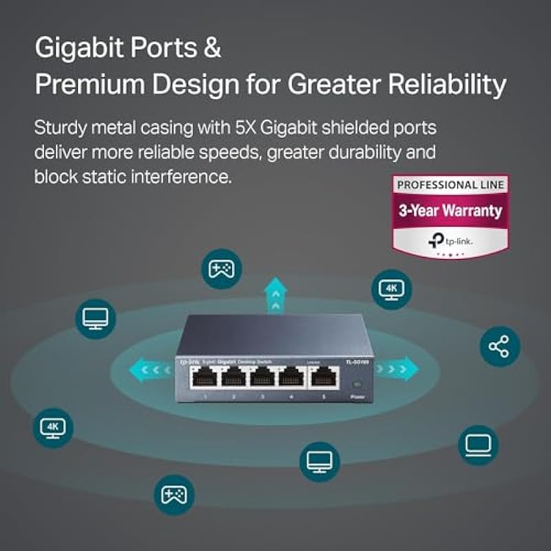 TP-Link TL-SG105 5 Port Gigabit Unmanaged Ethernet Network Switch, Ethernet Splitter, Plug and Play, Fanless Metal Design, Shielded Ports, Traffic Optimization, Limited Lifetime Protection,Black
