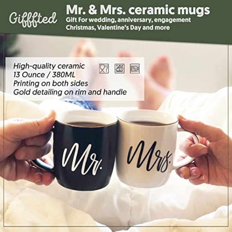 Triple Gifffted Couples Gifts for Christmas, Wedding Anniversary, Engagement – Valentines Day Mr and Mrs Coffee Mugs Gift for Couple, His & Hers, Men & Women, Bride & Groom, Newlywed, Him & Her