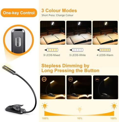 Gritin 9 LED Rechargeable Book Light for Reading in Bed-Eye Caring 3 Color Temperatures,Stepless Dimming Brightness,80 Hrs Runtime Small Lightweight Clip On Book Reading Light for Kids,Studying