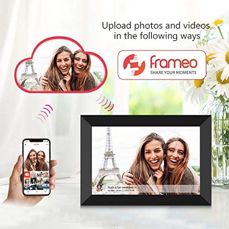 32GB FRAMEO 10.1 inch WiFi Digital Picture Frame, IPS Touch Screen Smart Cloud Photo Frame, Share Photos or Videos via Free Frameo APP Anywhere Anytime, Auto-Rotate, Wall Mountable