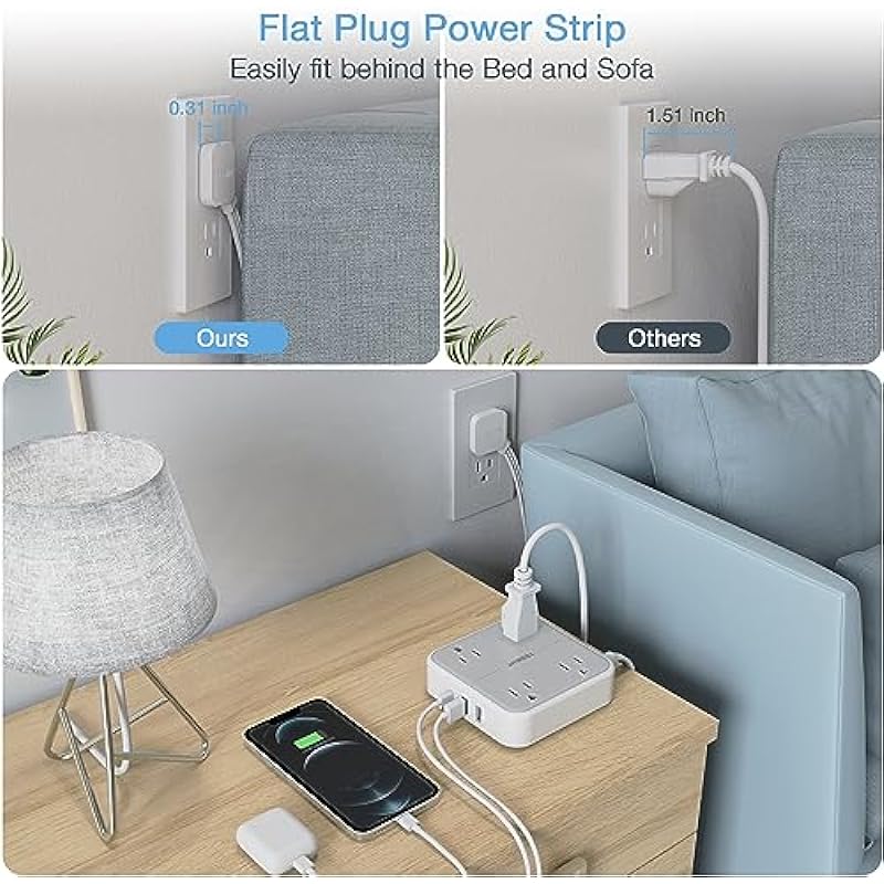 Flat Plug Power Bar with USB C, TESSAN Ultra-Thin Extension Cord Indoor with 4 Multi Plug Outlet Extenders 3 USB Ports (1 Type C), 5 Feet Slim Desk Power Strip for Cruise Ship Dorm Room Essentials